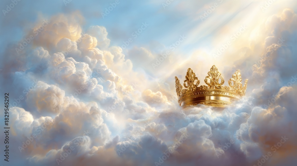 Naklejka premium A breathtaking golden crown elegantly resting on soft, fluffy clouds, evoking enchanting dreams and a sense of royalty