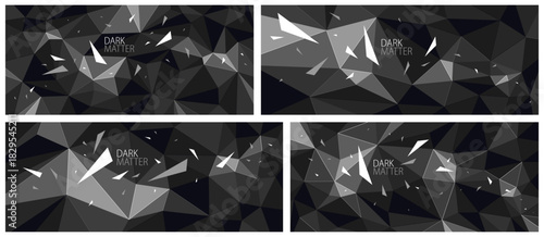 Dark polygonal vector abstract background set, low poly surface with explosion of flying debris particles, 3D dynamism broken structure, motion force elements.