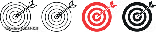 Set of target icons with arrow hitting bullseye in black and red outline for goal achievement concept