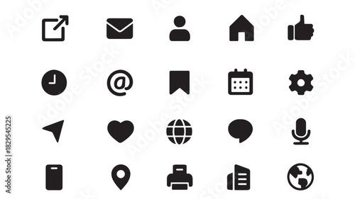 a collection of minimalist black icons including a letter a home a person a heart and a globe on transparent background silhouette high quality professional detailed