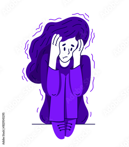 Young woman feeling stressed and uncomfortable, vector illustration of a person having mental disorder panic and anxiety, psychological problems.