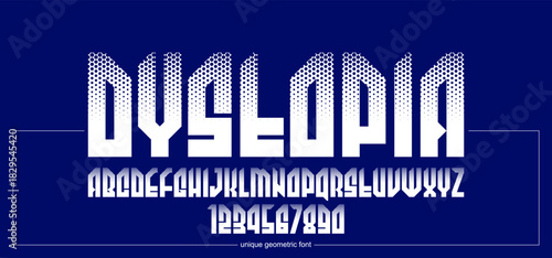 Bold and massive heavy geometric font for logo creation, modern geometrical vector display typeface, typography with no round elements, only corners and straight lines geometry.