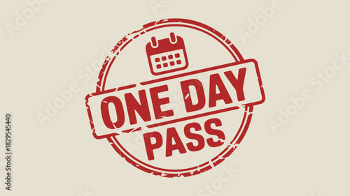 A red stamp with a calendar icon and the words one day pass on a light beige background design image