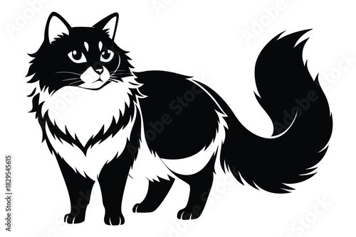 Black and white stylized cat with a fluffy tail is standing gracefully