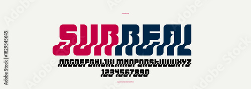 Bended and deformed display font for logos and posters, vector distorted and twisted typeface for headlines and advertising, letters and numbers alphabet typography.