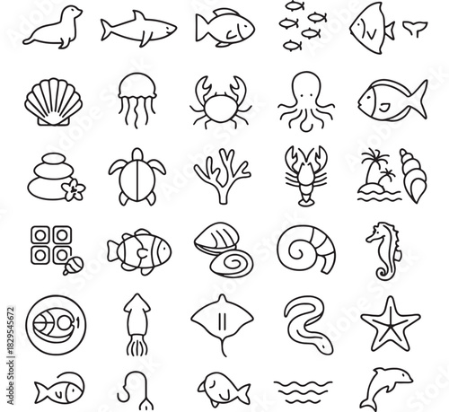 a collection of delicate line art icons depicting various marine life including fish jellyfish crabs and seashells on transparent background silhouette high quality professional detailed modern