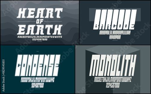 Brutal geometric vector fonts set, bold and massive alphabet typefaces, strong and heavy typeset collection, useful for logo creation, urban letters set.