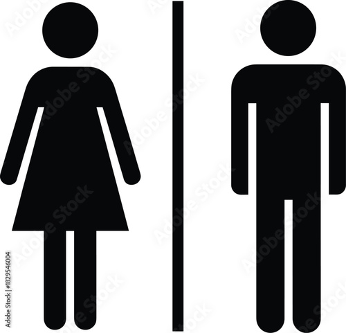 Universal Restroom and Toilet Sign Vector Icon Illustrating Separate Male and Female Stick Figures with a Dividing Line, Ideal for Public Facility and Navigation Signs