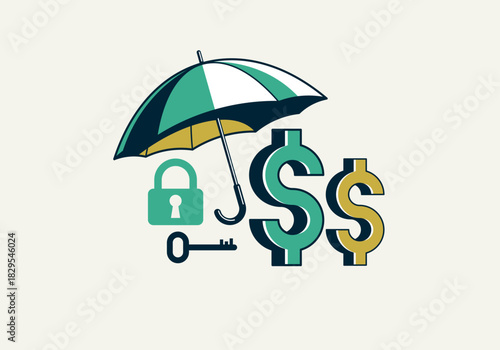 Financial safety vector detailed icon, umbrella and money composition, secured bank account, safe private finances.