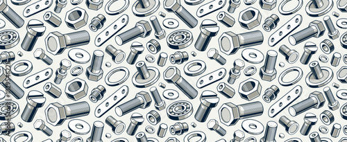 Bolts and nuts seamless background, repair and maintenance workshop tiling wallpaper, mechanic technics service endless pattern, elements easy to use separately.