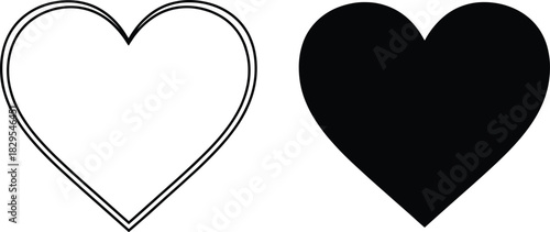 Simple Heart Shape Vector Icon Set Illustrating Clean Line Outline and Solid Black Silhouette Styles, Perfect for Love, Like Buttons, Romance, Health, and User Interface Design