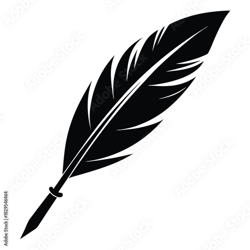 A striking black feather illustration showcases intricate detailing against a simple white background
