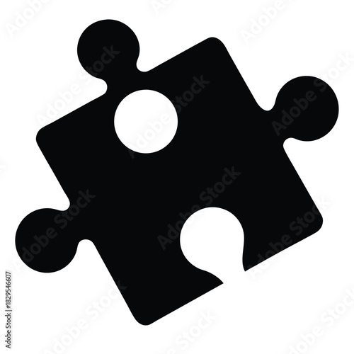 A single black puzzle piece with unique shape rests on a white background