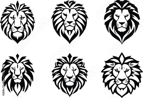Collection of six stylized black and white lion head icons or emblems with detailed manes, isolated on transparent background