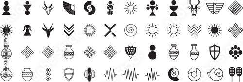 Collection of black and white tribal, ancient, cultural, and abstract symbols and icons or African symbols  isolated on transparent background