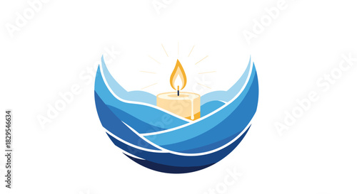 Candle burning in a crescent moon shape made of blue waves, Generative AI.