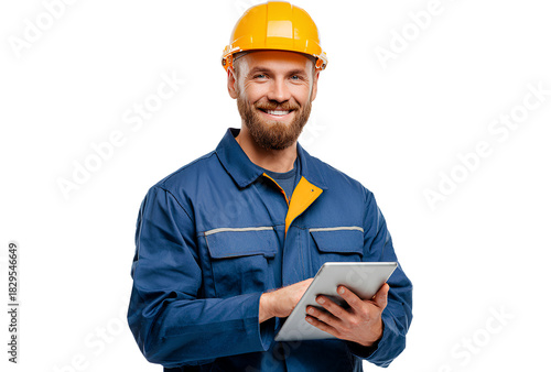 Smiling construction worker in yellow helmet holds tablet wearing blue uniform while at job site for industrial project