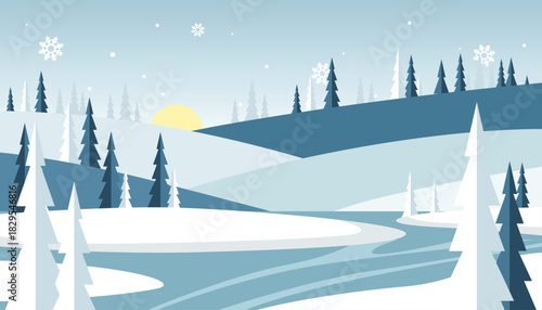 Winter landscape with snow-covered trees and hills, and a frozen river.