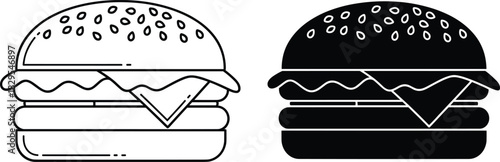 Hamburger or Cheeseburger Outline and Silhouette Icon Vector Illustration Set Showing a Layered Sandwich with Bun and Sesame Seeds for Fast Food, Restaurant, and Menu Design