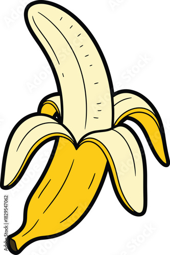 Peeled Yellow Banana Cartoon Vector Illustration with Bold Outline, Showing the Ripe Fruit Ready for Consumption, Ideal for Food, Healthy Eating, and Tropical Design Concepts