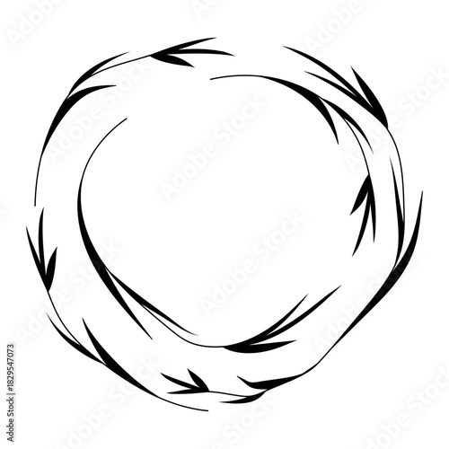 Hand drawn plants, dividers, wreaths, border frames. Circle floral frame with leaves on white background. Vector hand drawn illustration for wallpaper, posters, card. Copy space. Doodle style.