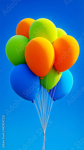 Bright Orange, Green, and Blue Balloons Floating Against a Vivid Blue Sky