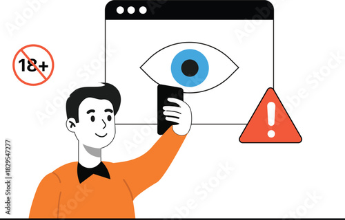 Man showing smartphone for verification on website with an eye symbol and warning sign 18 plus restriction