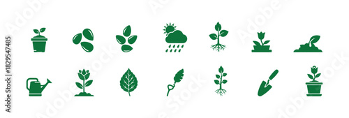 Flat icons of plants in a vector set. This set features icons like seedlings, seeds, conditions for growth, leaves, and growing plants, among others. Everything is pixel perfect.

