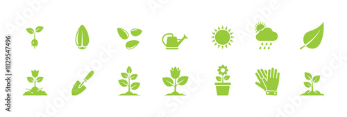 A collection of flat plant icons. It includes icons for seedlings, seeds, growth conditions, leaves, growing plants, and more. All pixel perfect.

