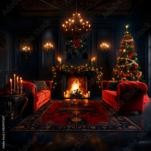 Cozy holiday interior with elegant festive decorations