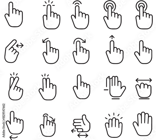 a collection of various hand gestures depicted in simple line art offering diverse interaction symbols on transparent background silhouette high quality professional detailed modern elegant stylish