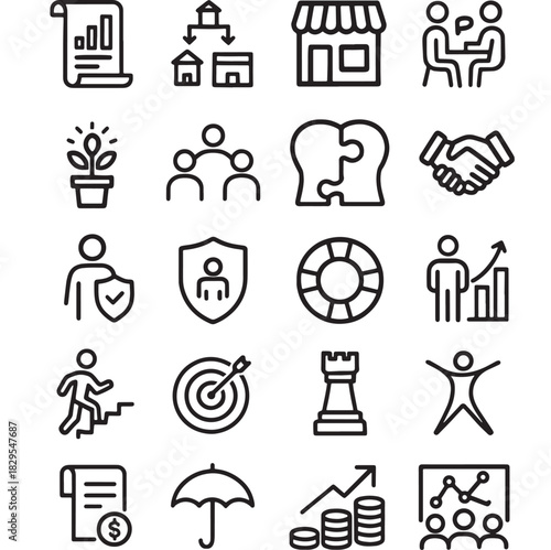 a collection of diverse line icons depicting business growth security and people ideal for projects needing minimalist visuals on transparent background silhouette high quality professional detailed