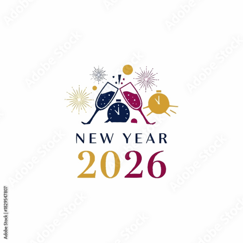 Happy New Year 2026 celebration with toasting champagne glasses.
