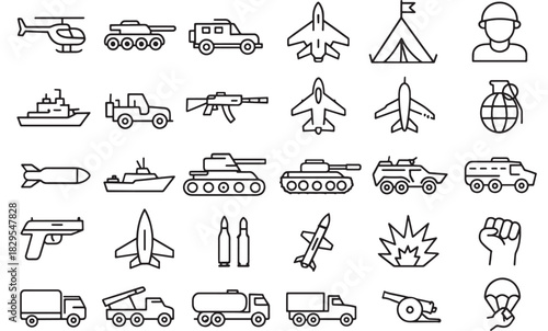 a collection of military vehicle and weapon line icons including planes tanks ships and a soldier perfect for design use on transparent background silhouette high quality