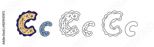 Decorative letter C with stars and constellation doodle illustration