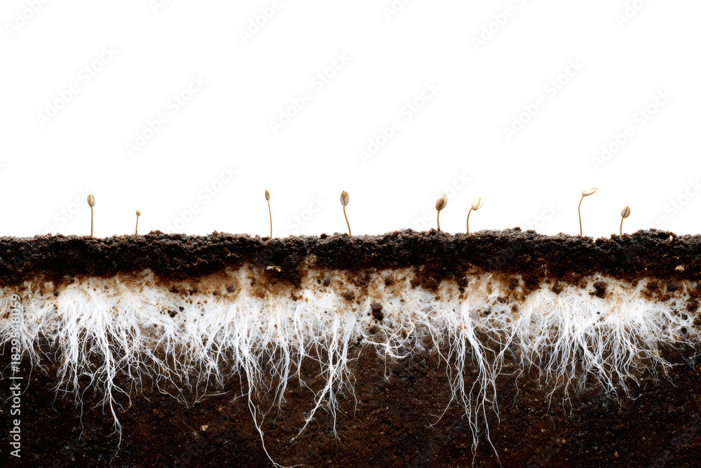 Fototapeta premium Cross-section of soil with sprouting seeds and a visible root system. Plant germination and growth concept with copy space