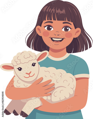 Happy Little Girl Holding a Cute Lamb - Child and Farm Animal Cartoon Vector Illustration
