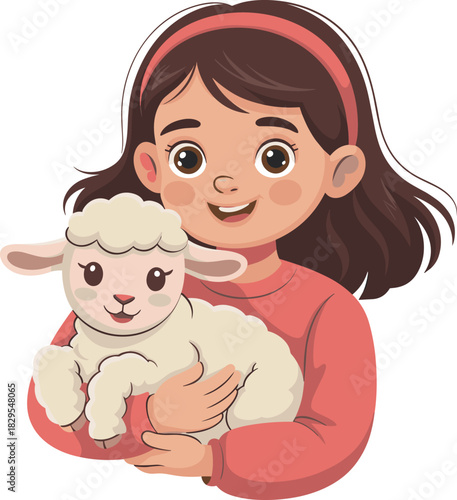 Smiling Little Girl Hugging a Baby Lamb - Adorable Child and Farm Animal Vector Illustration