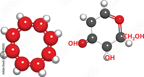 Molecular Structure Vector Set Illustrating Two Different Organic Molecules: Benzene in a Ball-and-Stick Model and a Complex Hexagonal Ring Structure with Hydroxyl Groups, for Chemistry and Scientific