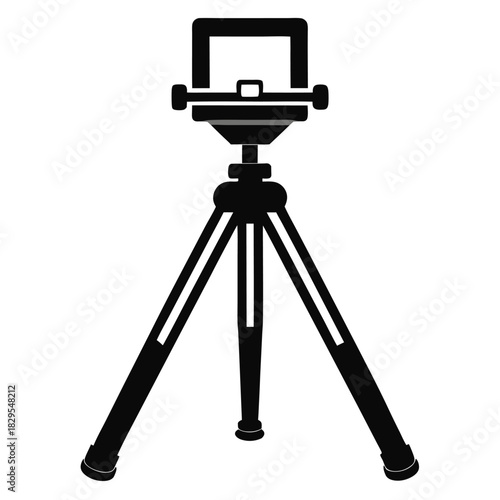 Black tripod stand with three legs holds a display screen on a white background