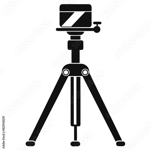 Isolated black photography tripod silhouette features a sturdy base and adjustable camera mount