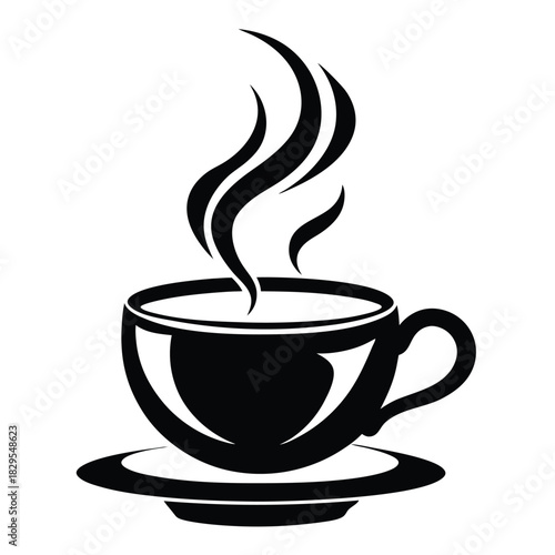 Hot coffee cup placed on saucer emits rising steam in black silhouette