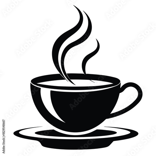 Steaming coffee is shown in a black and white minimalist cup and saucer