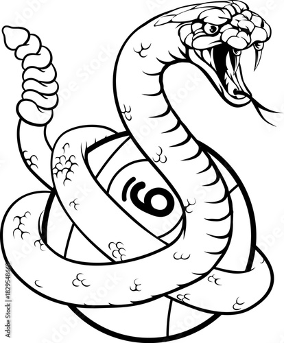 Rattlesnake nine ball pool billiards sports mascot holding a 9 ball cartoon illustration
