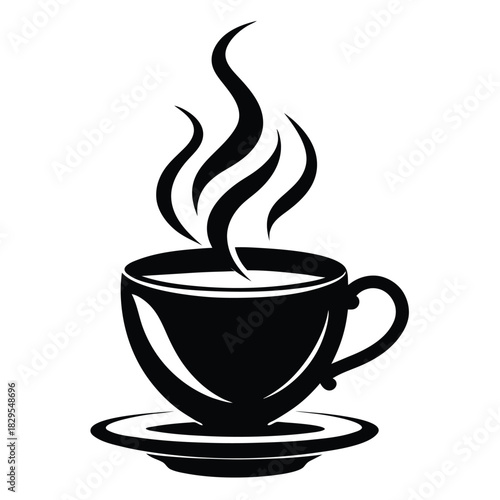A steaming coffee cup sitting elegantly on a saucer exudes warmth in stark black