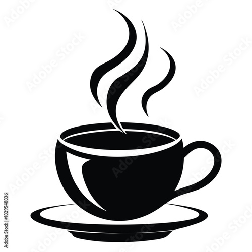 Stylized black cup on a saucer is emitting steamy vapors gracefully upwards