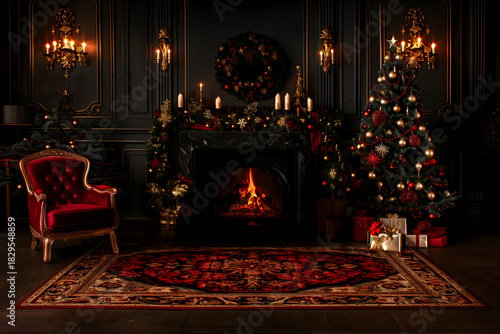 Luxury Christmas living room with warm fireplace glow