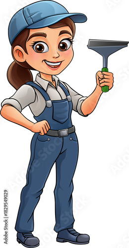 A woman female window cleaner or car wash worker holding a squeegee cleaning tool.
