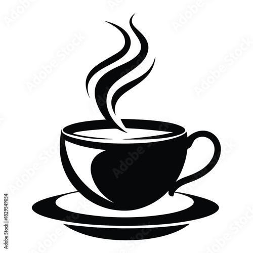 Steaming beverage inside a black ceramic mug elegantly sitting on a saucer