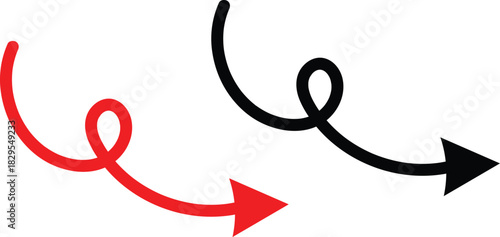 Long curved hand drawn arrow, marker drawn arrow. Red and black Long curve arrow iconElegant arrows set for business plan, presentation and education
